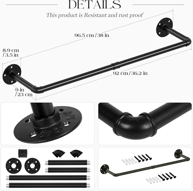 ERYTLLY RYTLLY Industrial Pipe Clothes Rack 38”,Multi-purpose Wall Mounted Iron Garment Rod,Heavy Duty Detachable Hanging Clothes Rack for Closet Rod,Black