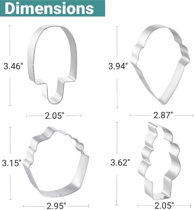 JOB JOL Summer Cookie Cutters 4 PCS, 3'' to 4'', Ice Cream, Popsicle, Cupcake
