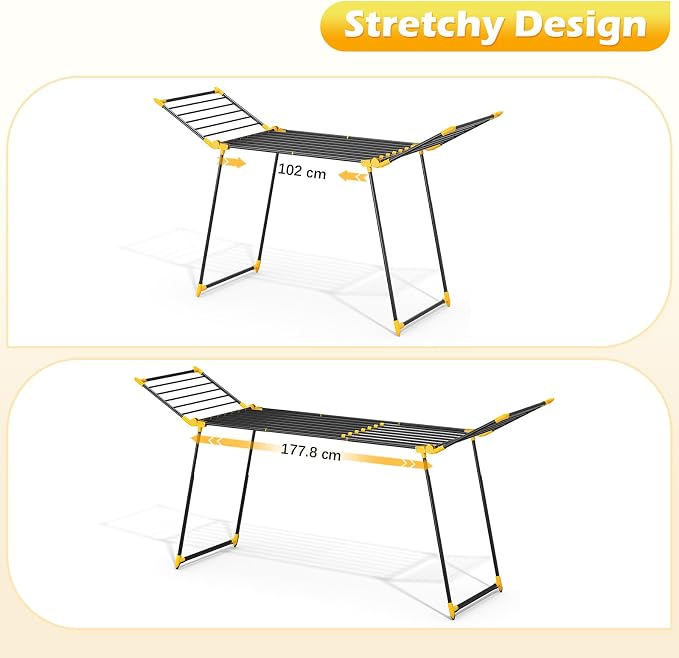 KINGRACK Clothes Airer with 2 Folding Wings, Extendable Stand Dryer Made of Tubular Steel, Variable Width 177.8-254 cm, Foldable Wing Clothes Dryer for Balcony & Indoor Use, Space Saving (Yellow, L)