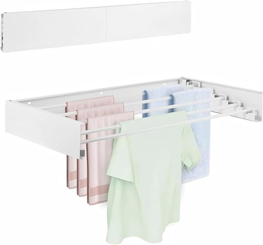 Wall Mounted Laundry Drying Rack, Carbon Steel Foldable & Retractable Clothes Drying Rack, Space Saving Adjustable Towel Holder for Bathroom, Laundry, Small Spaces (1, White, 50cm)