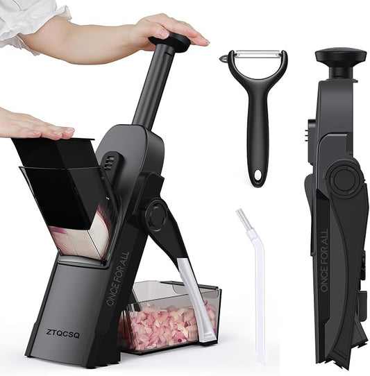 5 in 1 Adjustable Safe Mandoline Slicer for Kitchen with Paring Knife | Safe Mandoline Slicer for Kitchen, Easy to Clean/Storage, Potato Slicing, Strips, Shredding, Dicing, Chop, Cleaning brush