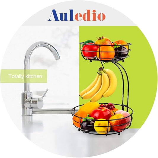 Auledio Iron 2-Tier Countertop Fruit Vegetables Basket Bowl Storage With Banana Hanger, Black, 64 ounces
