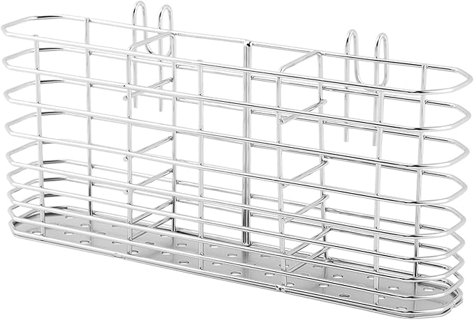 304 Stainless Steel Utensil Holder with Hooks - 3 Divided Compartments Silverware Drying Rack, Kitchen Tableware Organizer Drainage Basket for Flatware Knives Forks Spoons