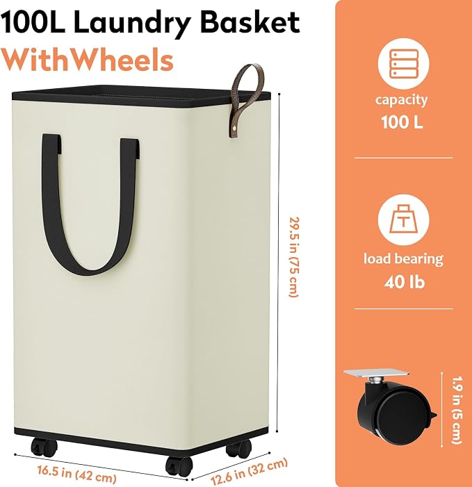 SpaceTrove Rolling Laundry Basket with Wheels, Laundry Hamper, 100L, Cream | Collapsible, 4 detachable wheels including 2 with brakes, sturdy handle, metal frame, for dorms, bathrooms and bedrooms
