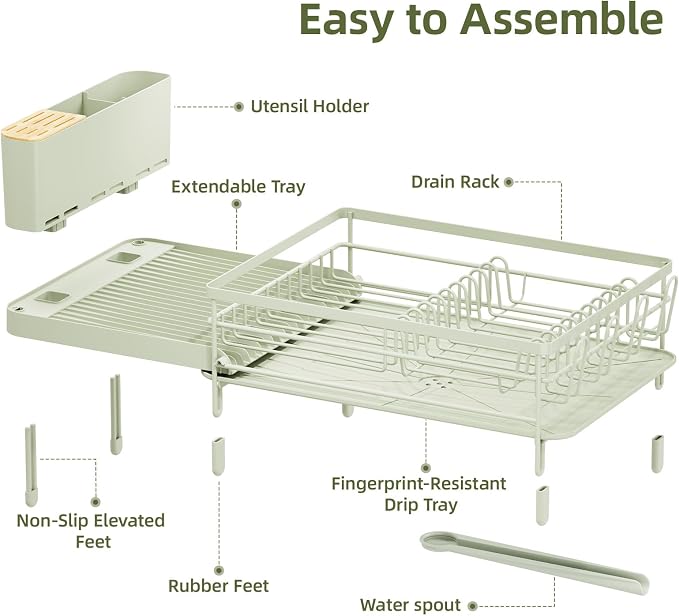 Urackify Large Dish Drying Rack, Expandable Dish Racks for Kitchen Counter, Multifunctional Dish Drainer with Utensil Holder & Cup Holder, 18.5"-26.7" L x 12.7" W, Soft Celery Green
