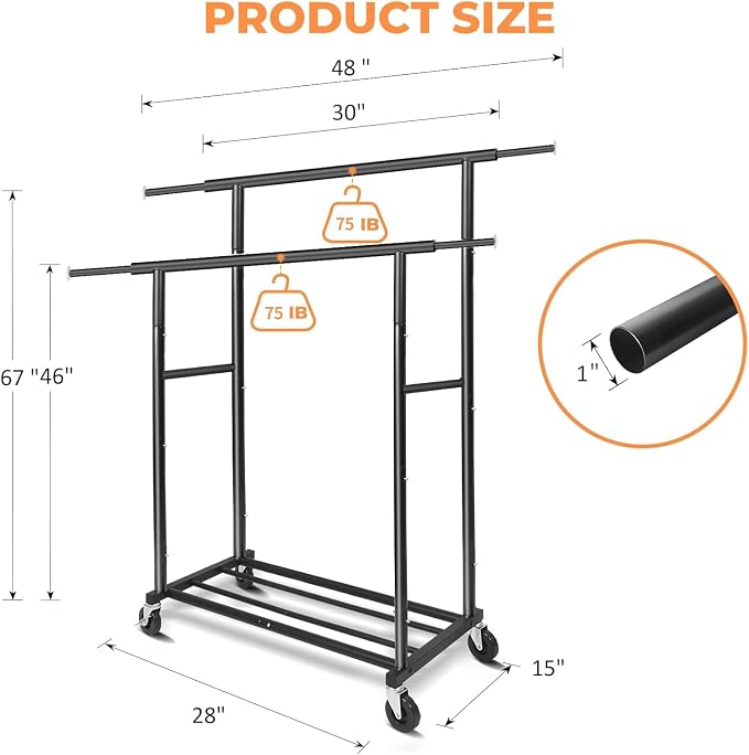 Fishat 48"W x 15"D x 67"H Portable Black Double Rods Garment Clothes Rack | Metal Freestanding Hanging Organizer, Mobile Lockable Wheels, Portable Freestanding, for Storage, Drying, Bedroom