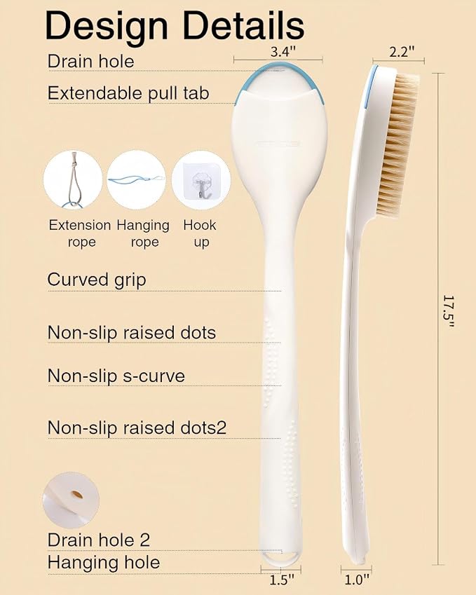 BUBBLEDANCE® Natural Boar Bristle Back Scrubber – 4X Scrubbing Power, Extendable Long Handle (17.5"-31.9") for Deep Exfoliation & Dry Brushing – 1.3X Wider Head, Anti-Slip Shower Brush for Men & Women