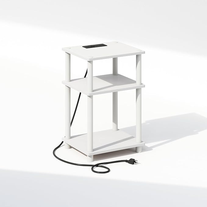 Furinno JUST Night Stand, 3-Tier Turn-N-Tube Nightstand with Charging Station, Bedside Table, End Table, Side Table with USB and Type-C Port, for Bedroom, Closet, Dorm, White