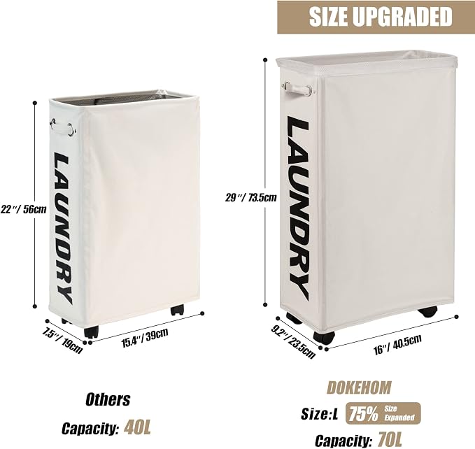 DOKEHOM 29" Enlarged Slim Rolling Laundry Basket Hamper on Wheels, Beige | Collapsible tall laundry hamper with removable mesh wash bag. Foldable narrow corner clothes storage bin for small spaces