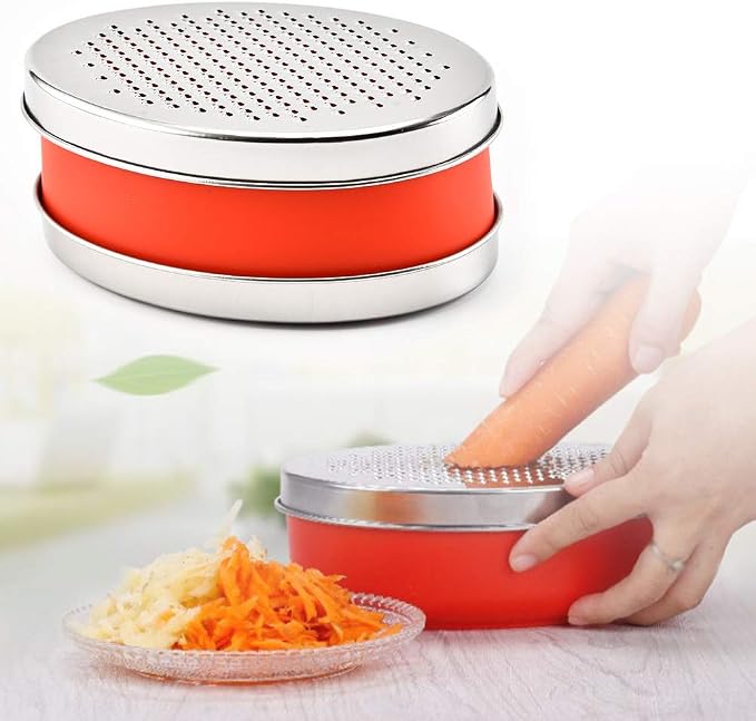Cheese Grater with Container and Lid, Stainless Steel Grater Box Set, 7.09 x 2.76 in, Red, 2 Blades, Multi Purpose Kitchen Grater for Cheese, Vegetables, Ginger and Citrus