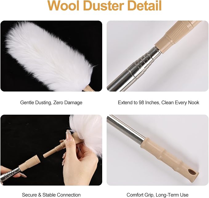 White Lambswool Extendable Duster, 32-98 Inch Bendable Wool Head with Anti-Static Properties and Stainless Steel Extension Pole for Ceiling Fans, High Walls, and Roof Dusting(one Pack)