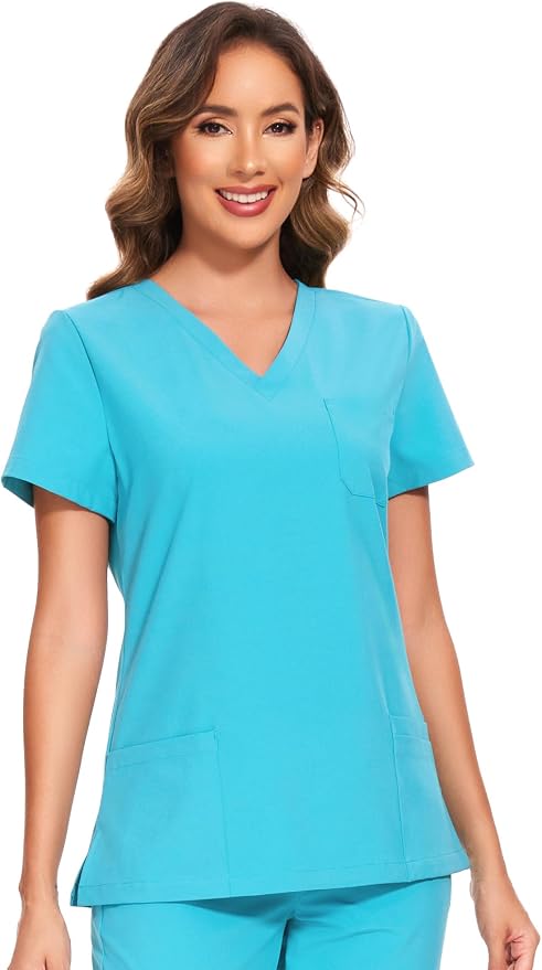 Scrubs Tops for Woman - Soft Stretch, V-Neck Tops | 3 Pockets, Side Split Design, Short Sleeve, Breathable & Lightweight Nursing Shirt, Easy-Care Fabric for All-Day Comfort
