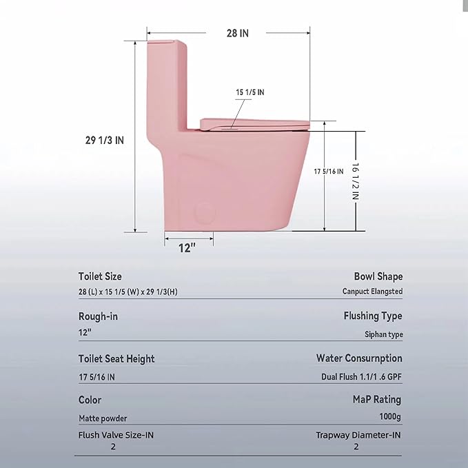 Dual Flush One Piece Toilets for Bathrooms, Compact Pink Toilet Elongated with Soft Closing Seat, Modern 12 Inch Rough in Toilet, 1.6 GPF & Map 1000g, Comfort Height, Silent Design (Pink+31H)
