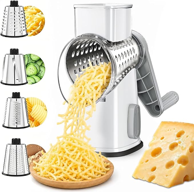 VEKAYA Rotary Cheese Grater Hand Crank with 4 Interchangeable Stainless Steel Blades, Large Manual Handle Shredder and Waffle Slicer for Vegetables, Cheese and Nuts with Table Suction Base(White Grey)