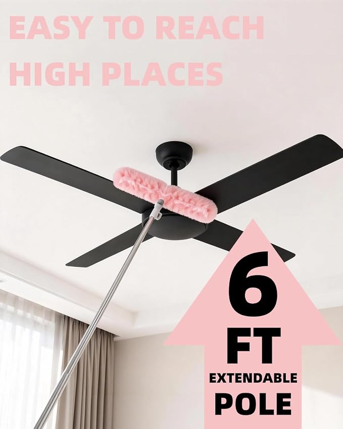 6 ft Extendable Duster Kit with 50 Pink Refills for Swiffer Duster | 360 Heavy Duty Duster Refills, 5X Microfibers Trap Dust, Long Extended Handle for Ceiling Fan, Vents and Hard to reach Areas