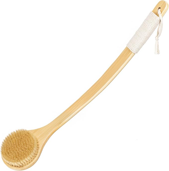 Back Scrubber Brush for Shower, 22" Curved Long Bamboo Handle Shower Brush, Antiskid Body Bath Brushes for Back Dry/Wet Brushing, Moderately Soft Natural Bristle Body Brush for Showering (Beige)