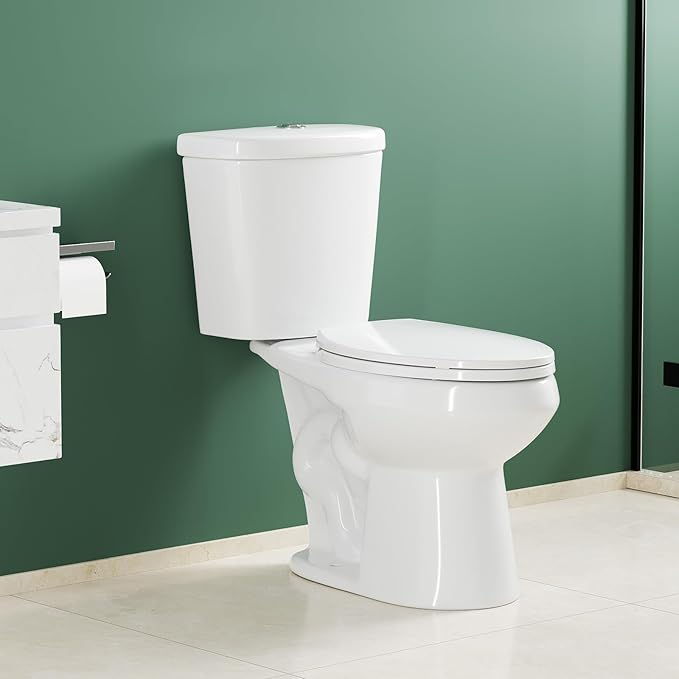 Two Piece Toilet, 17" Elongated with Upgraded Flushing, Dual Flush Buttons (Top Mounted), Includes Soft-Close Seat & Hardware, White, 12" Rough-in