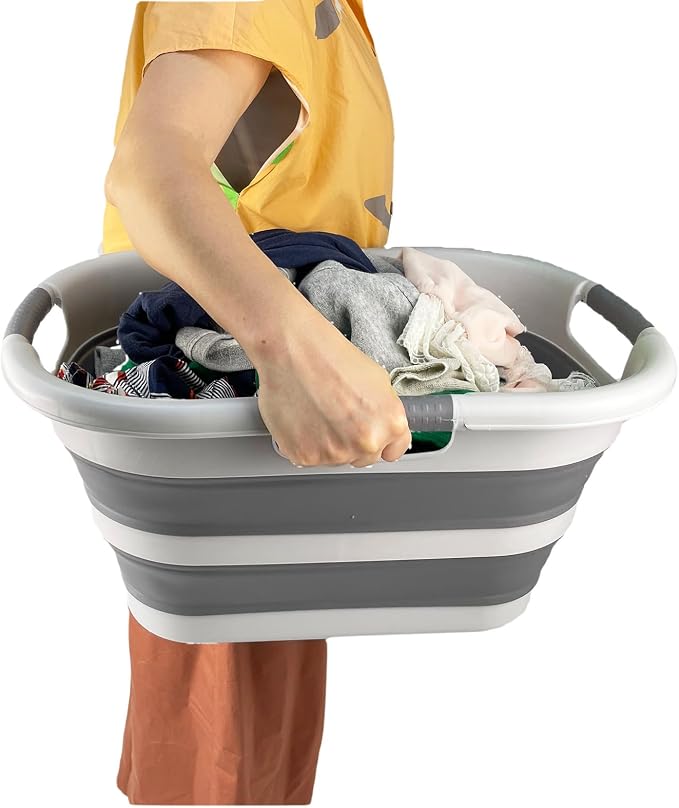 SAMMART 30L (7.9 gallon) Collapsible Plastic Laundry Basket - Foldable Pop Up Storage Container/Organizer - Portable Washing Tub - Space Saving Hamper/Basket (1, Grey/Deep Grey)