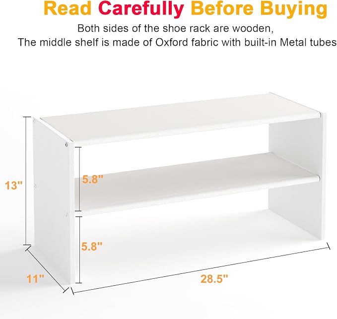 Cidaziya 2 Pack 2 Tier Small White Shoe Rack for Closet, Stackable Shoe Shelf Organizer for 9-12 Pairs of Shoes, Portable Wood and Cloth Structure, Small Shoe Storage Organizer, Size 28.5"* 11" * 13"