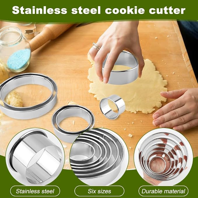 6PCS Round Cookie Cutters Set,Stainless Steel Biscuit Cutters For Baking,Round Cookie Biscuit Cutter in Graduated Sizes Shape Mol ds for Pastries Doughs Doughnuts(Silver,Size:2, 3, 3.5, 4, 5, 6 Inch)
