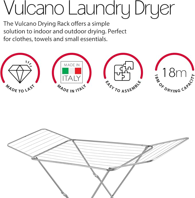 Metaltex Vulcano Laundry Dryer - Compact Metal Indoor and Outdoor Laundry Drying Rack - Perfect for Clothes and Small Home Essentials - Silver, 55 x 180 x 100 Centimetres