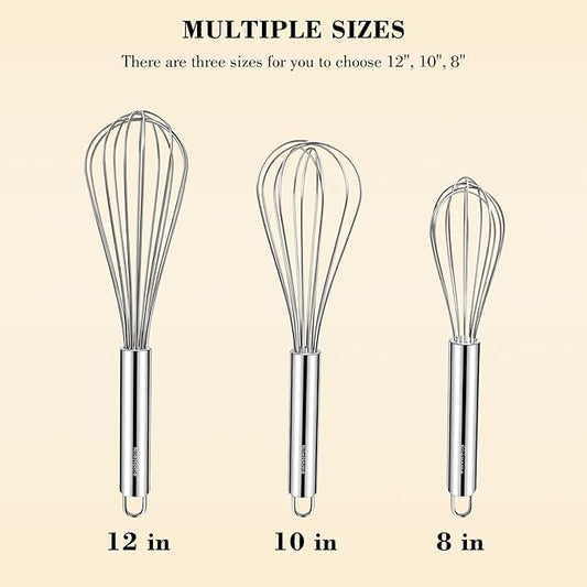 NileHome Stainless Steel Whisk Set 8" 10" 12" Kitchen Whisk Balloon Whisk Kitchen Wisk Wire Whisks for Cooking, Whisking, Blending, Beating, Stirring-3 Pack…