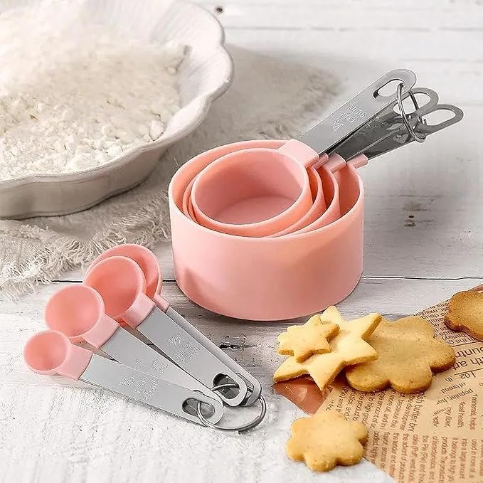 Plastic Measuring Cups Set - 8-Piece Nesting Kitchen Tools | Baking Supplies with Handles for Precise Liquid & Dry Ingredients | Essential for Home Baking, Cooking & Food Prep (Pink)