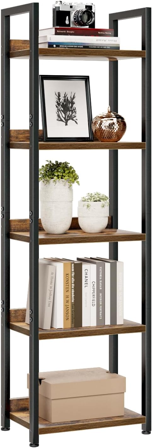 NUMENN Narrow Bookshelf, 5 Tier Freestanding Shelving Unit, Vintage | Metal Frame & Wood Shelves, Falling Prevention Baffle, Open Storage Bookcase for Bedroom, Living Room & Home Office