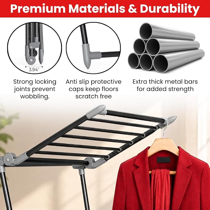 Clothes Drying Rack Foldable, Heavy Duty Metal Laundry Drying Rack for Indoor & Outdoor Use, Large Foldable Clothes Dryer Rack with 30KG Load Capacity, Space Saving Clothing Drying Rack