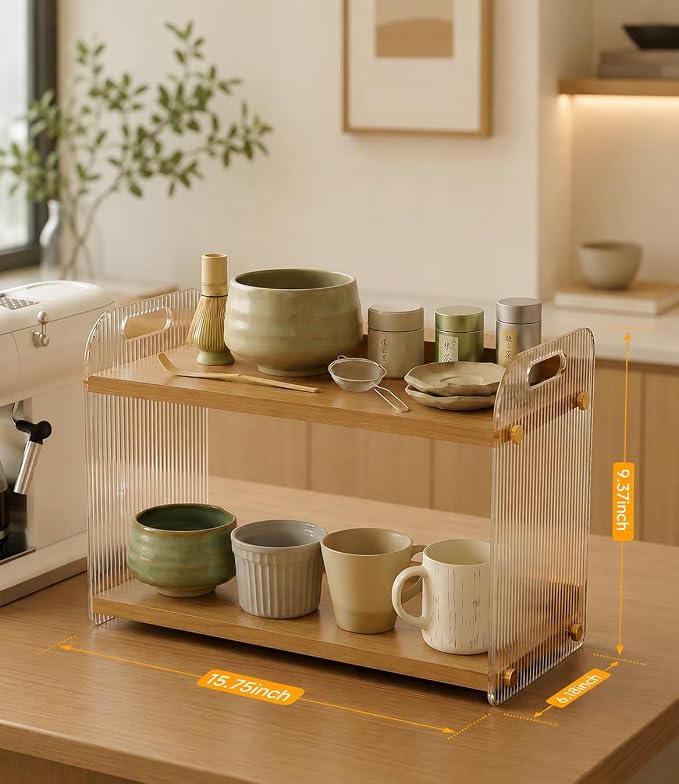 2 Tier Coffee Station Organizer - Acrylic & Pine Wood -15.75" x6.18" x9.37" | Easy-to-Clean coffee bar shelf, Matcha Station for Kitchen Countertops, for Placing Mugs, Coffee Beans, Syrup, Cups etc.