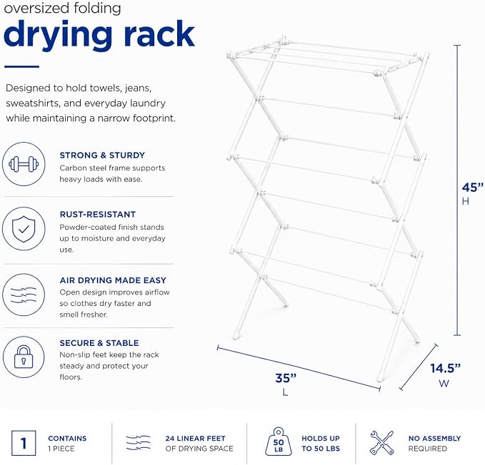 Honey-Can-Do Oversized Clothes Drying Rack, Extra-Wide 35", 50 lb, White | Fits family-size loads of towels, jeans & hoodies; rust-resistant coated steel; folds flat; indoor/outdoor; energy-saving