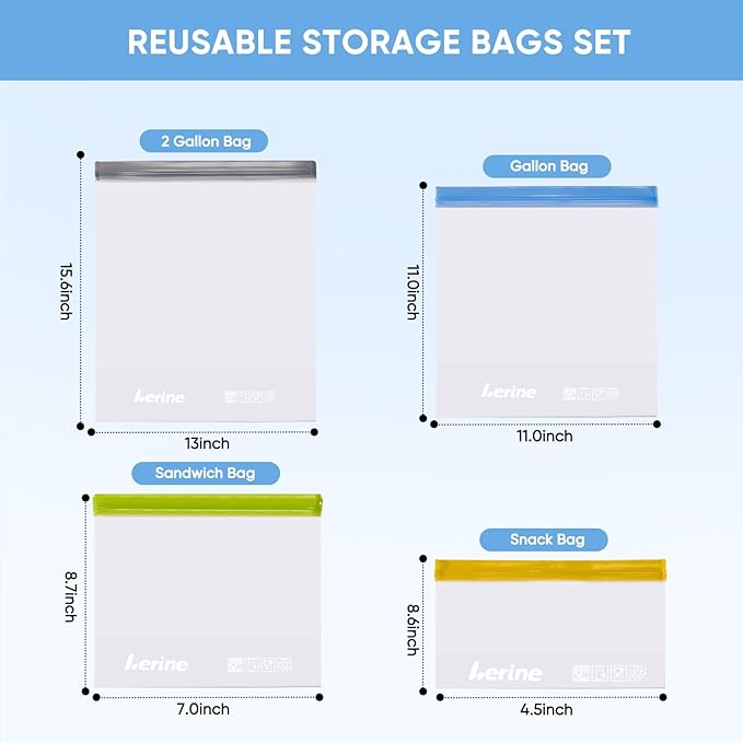 Lerine Reusable Gallon Freezer Bags Stand Up, Dishwasher Safe, 6 Pack, Gray | Leakproof, double seal closure, food-grade material, BPA-free for meat, vegetables, bread and travel