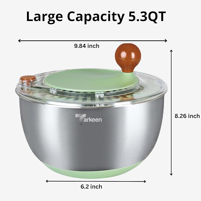 Stainless Steel Salad Spinner with Storage Lid, BPA-Free Lettuce Spinner, 5-in-1 Salad Bowl & Fruit Cleaner with Non-Slip Base, Dishwasher Safe, 5 Blade Slicer & Egg Yolk Separator, 5.3Qt
