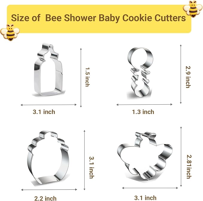 8 Pieces Bee Theme Baby Shower Cookie Cutter Set, Stainless Steel Small Bee Biscuit Cutters Baby Bottle, Bee, Rattle, Bib Fondant Molds Perfect for Baby Shower Bee Birthday Party Baking Supplies
