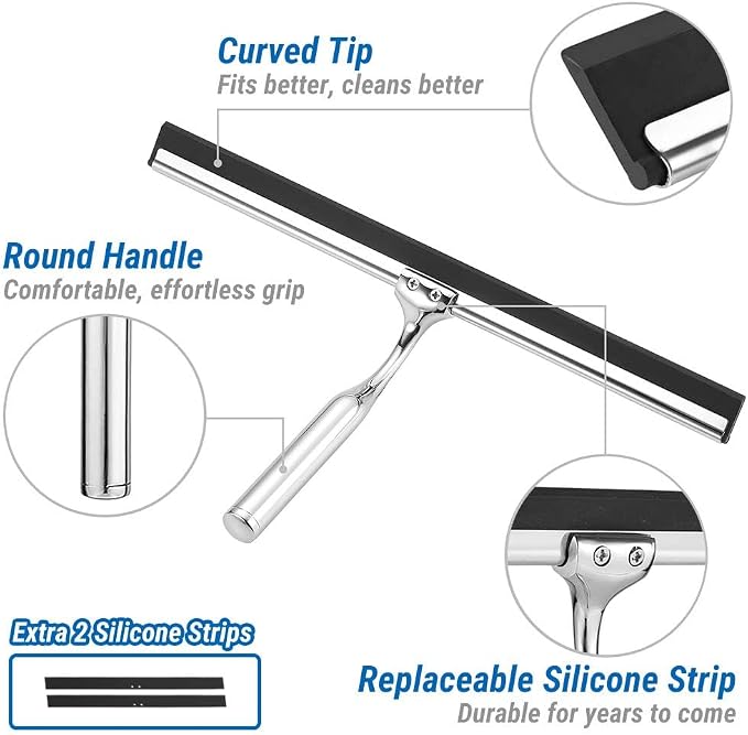 ecooe Silicone Shower Squeegee with Hanger, 12″/30cm Shower Squeegee for Glass Doors, Black Window Squeegee Scraper with Stainless Steel Core for Home Bathroom Kitchen Car Glass Doors