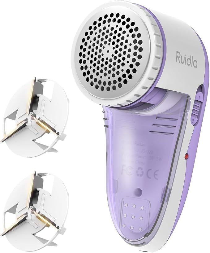 Ruidla Fabric Shaver Lint Shaver Defuzzer, Rechargeable Lint Remover | Electric Sweater Shaver with Replaceable Stainless Steel 3-Leaf Blades,Dual Protection,Removable Bin Easy Remove Fuzz(Purple)