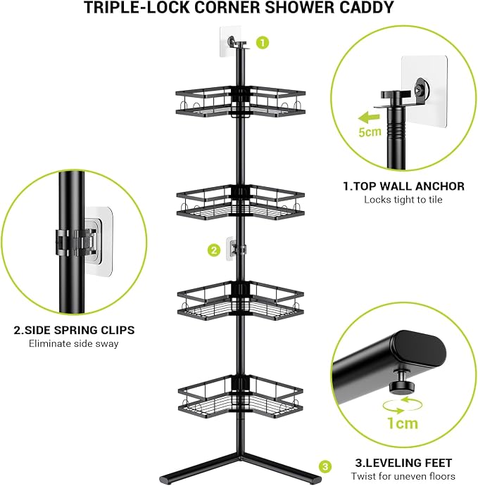 Corner Shower Caddy Standing: 4-Tier Rustproof Shower Shelves Corner - No Drilling Floor Shower Organizer Rack for Bathroom, Renters, Apartment
