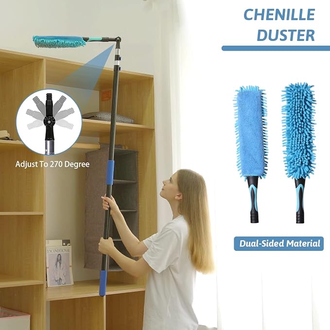 MAYKI 20 Foot High Reach Dusters for Cleaning 5 PCS, Ceiling Fan Dusters with Extension Pole, Cobweb Duster with Extension Pole for High Ceilings/Fans, 2 in 1 Window Squeegee Duster