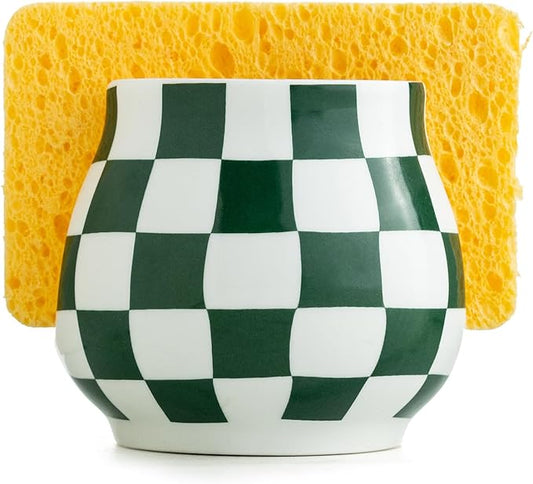 Zoeeker Kitchen Sponge Holder, Ceramic Sponge Organizer Checkered Scrubby Holder Sink Caddy Scrub Dish Rack for Kitchen, Bathroom, Sink, Christmas Decor, Green and White