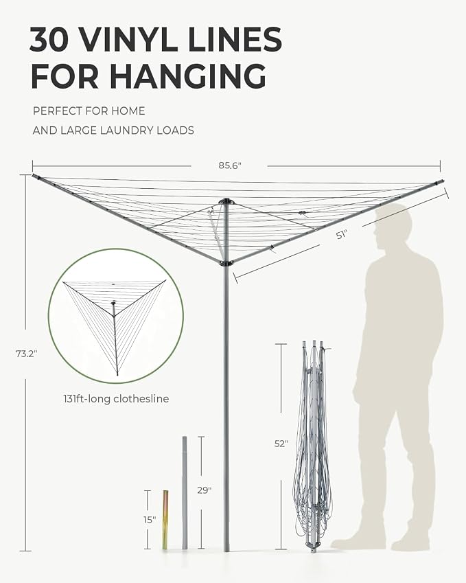 JS HANGER Collapsible 3-arm Rotary Outdoor Umbrella Drying Rack Metal Clothes Dryer Clothesline with 131ft Drying Space