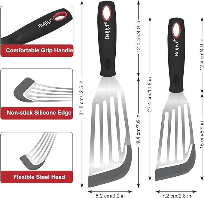 Beijiyi Heat Resistant Silicone Fish Spatulas, 2-Piece Slotted Fish Turner Spatula Set for Non Stick Frying Pan, Kitchen Cooking Utensils Flexible Thin Egg Flipper, 12.3" & 10.6", Gray Silicone Edge