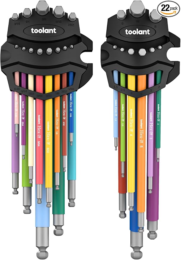 toolant Allen Wrenches Sets 22pcs(Metric&SAE), Extra Long Arm Allen Key Set with Ball End, Crafted Hex Key Set with Color Coded Sleeves, Unique Patented Holder Design for Magnetizing and Demagnetizing