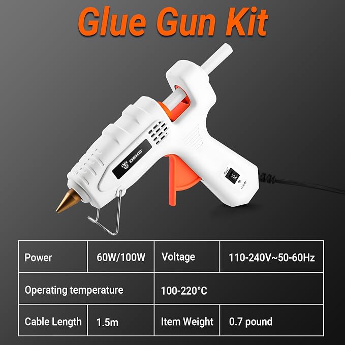 Hot Glue Gun Full Size: DEKOPRO 60/100Watt Dual Temp Hot Glue Gun Kit with 25 Glue Sticks, Organize Storage Case, Heavy Duty Heat Glue Gun Tool Set for Home Repair, Art & Crafts, DIY White