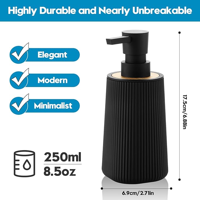 YAUKPH Small Soap Dispenser for Bathroom and Kitchen Bamboo Decor Black | Modern Farmhouse Striped Style Plastic Hand Soap Dish Soap Dispenser
