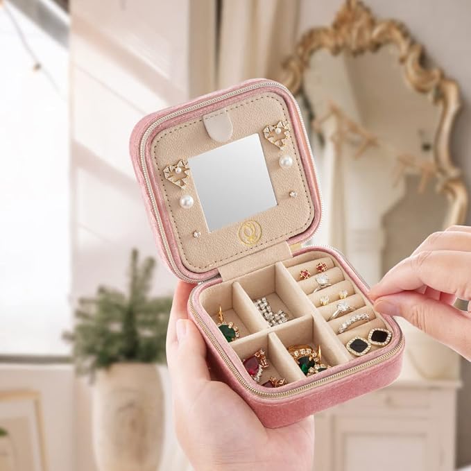 ZPROW Plush Velvet Travel Jewelry Case, Travel Jewelry Organizer, Jewelry Travel Case, Travel Jewelry Box, Small Jewelry Case for Women, Jewelry Travel Box, Earring Organizer with Mirror - Pink