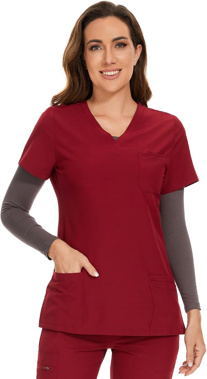 Scrubs Tops for Woman - Soft Stretch, V-Neck Tops | 3 Pockets, Side Split Design, Short Sleeve, Breathable & Lightweight Nursing Shirt, Easy-Care Fabric for All-Day Comfort