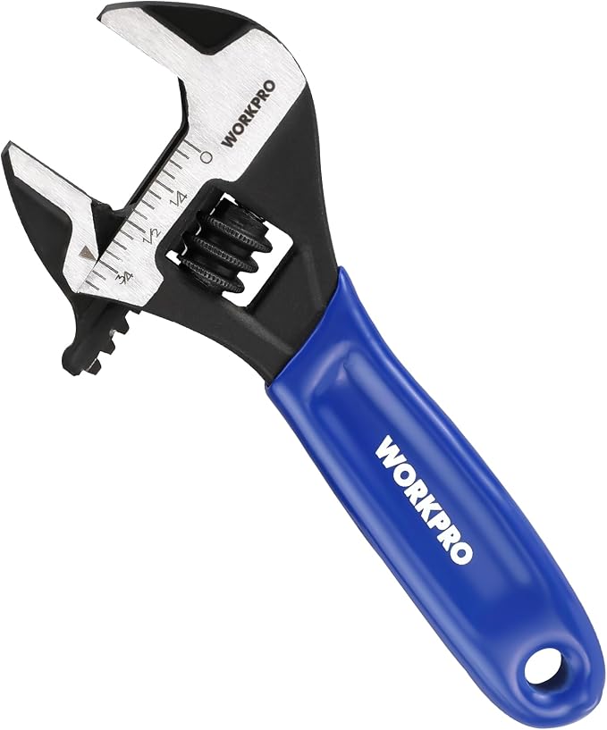 WORKPRO 4-Inch Mini Adjustable Wrench, Wide Jaw Cr-V steel Wrench | Black Oxide Finish, Metric & SAE Scales, Compact Size for Small Nuts, Home Projects, Workshop and DIY Tasks.