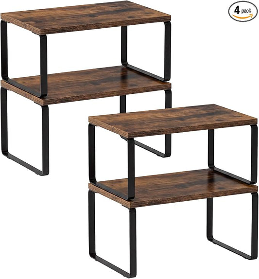 LAMU Cabinet Organizer Shelf, Set of 4 Expandable Kitchen Counter Shelve Plate Organizer for Cabiner, Stackable Spice Rack, CupBoard Organizers and Storage, Brown