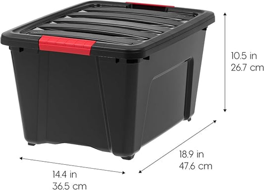 IRIS USA 32 Qt Stackable Plastic Storage Bins with Lids, 6 Pack - BPA-Free, Made in USA - Garage Organizing Solution, Latches, Durable Nestable Containers, Secure Pull Handle - Black