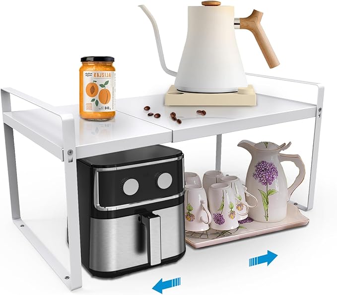 Expandable Shelf for Cabinet, 11" Deep Kitchen Cabinet Organizer, 1 Pack | Adjustable 14-26", Heavy Duty Metal Countertop Riser for Under Sink and Kitchen Cupboard Storage, 55 Lbs Anti-Sag, White
